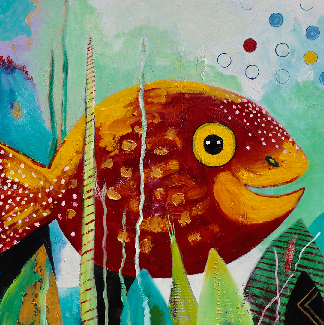 Diana Achtzig: „Gelb-Roter Fisch“, Ölfarbe auf Leinwand, 80 x 80 cm, Berlin, 2021, 500 €. Wandbild, Kunst, Malerei, kaufen