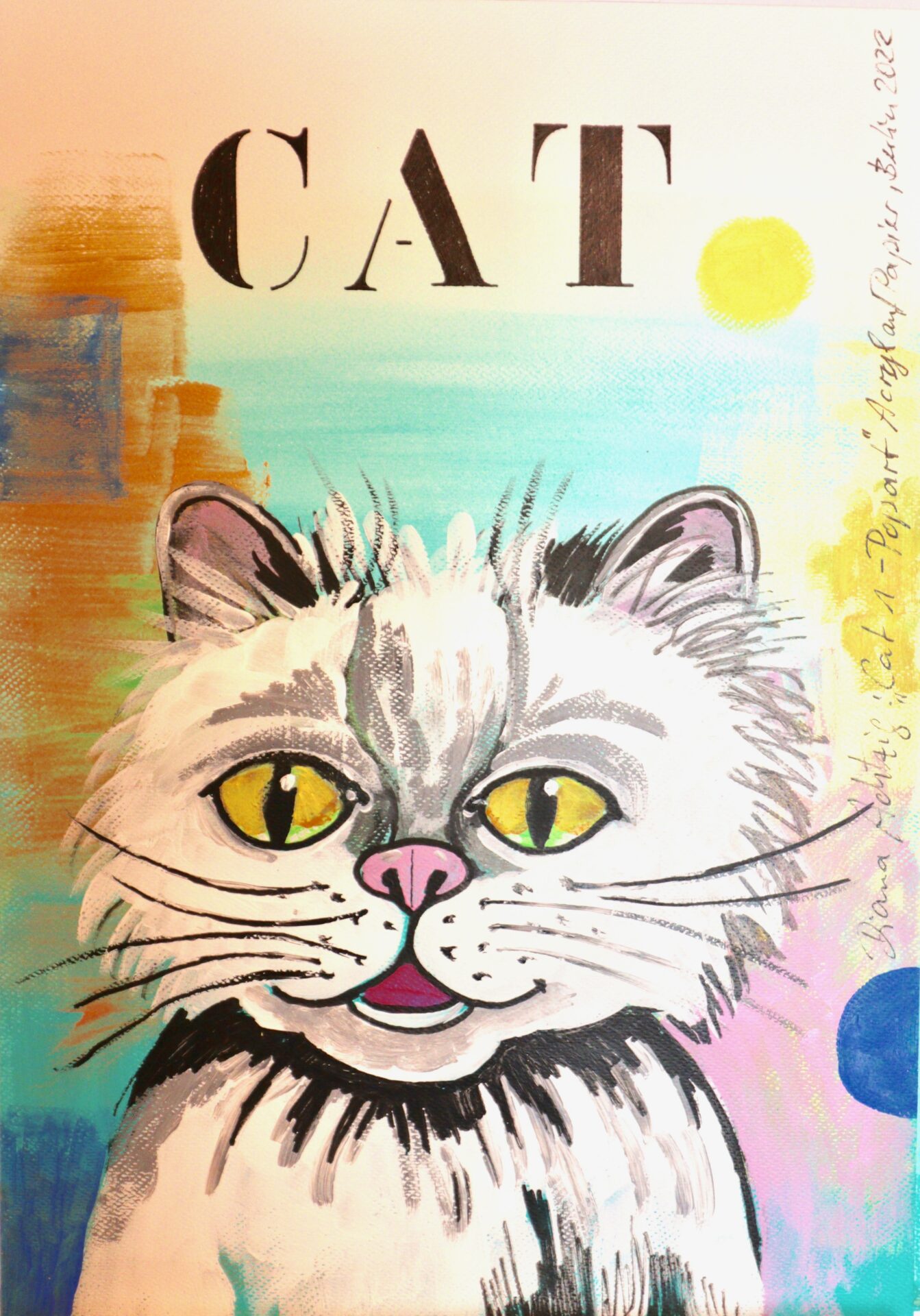 TOP Geburtstagsgeschenke für Familien und Kinder! Malerin Diana Achtzig: Lächelnde Katze, Cat 1 Pop Art, Acryl auf Papier, Maße: 40 X 30 cm, Berlin 2022, Papierarbeit. 