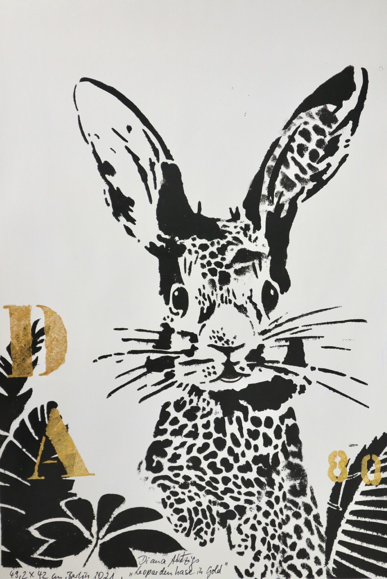 TOP Geburtstagsgeschenke für Familien und Kinder! Diana Achtzig: Leopardenhase in Gold II., Acryl auf Papier, Maße: 49,2 X 42 cm, Berlin 2021, Papierarbeit. 